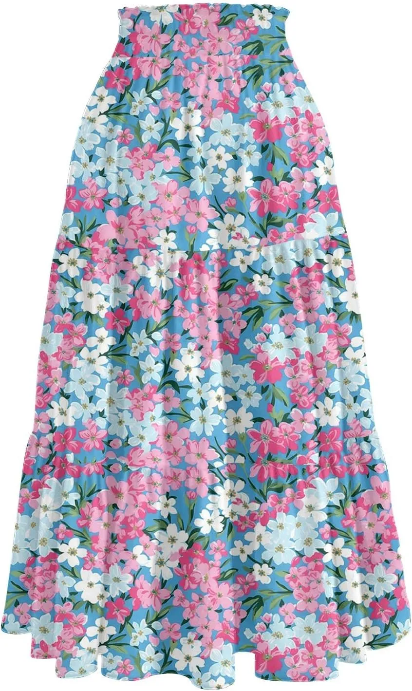 Long Floral Skirts for Women Trendy Going Out Casual Peasant Floral Travel Flowy Country Elastic Waist Beach Flutter Skirts