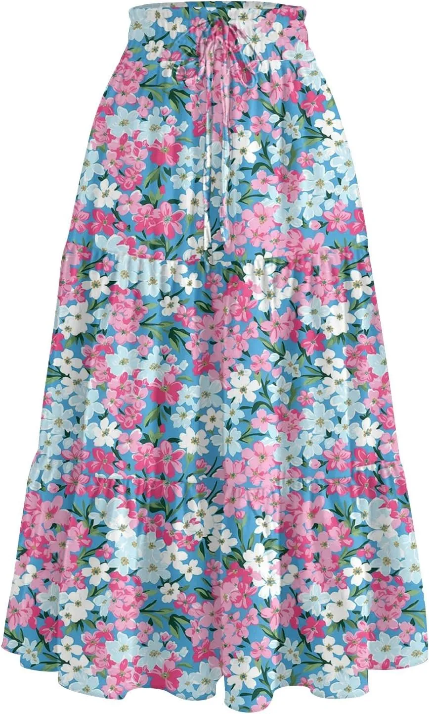 Long Floral Skirts for Women Trendy Going Out Casual Peasant Floral Travel Flowy Country Elastic Waist Beach Flutter Skirts