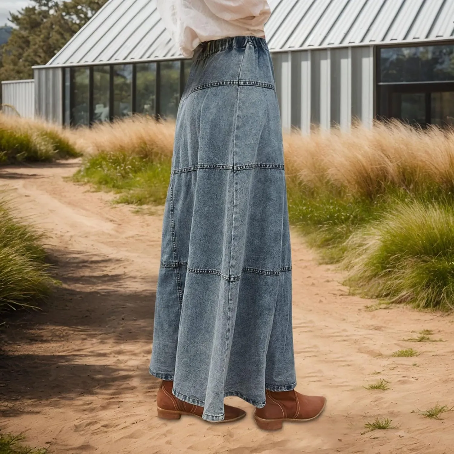 Long Jean Skirts for Women Denim Button Down High Waist Tiered Ruffle Swing A-Line Jean Maxi Skirt with Pockets
