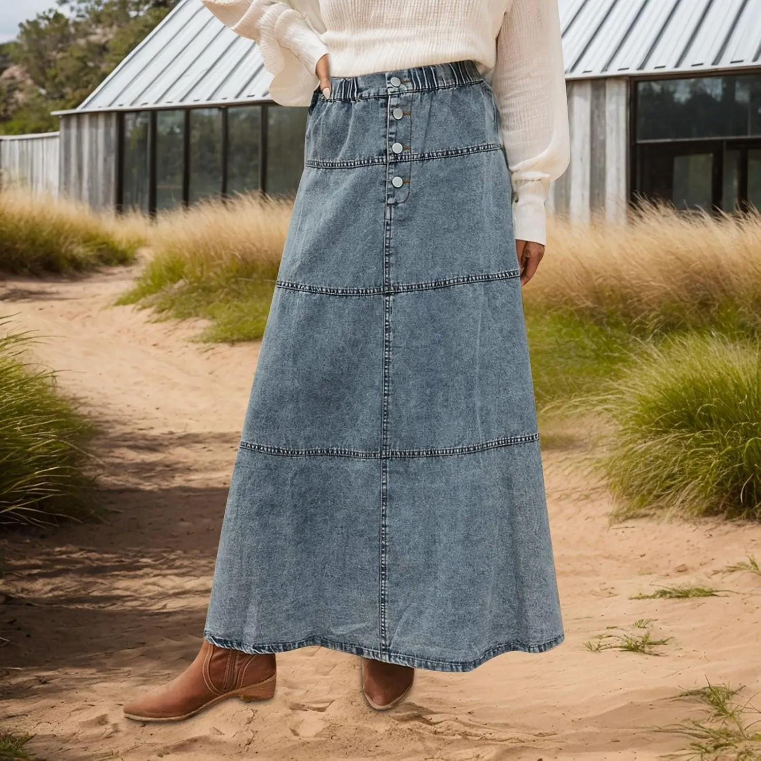 Long Jean Skirts for Women Denim Button Down High Waist Tiered Ruffle Swing A-Line Jean Maxi Skirt with Pockets