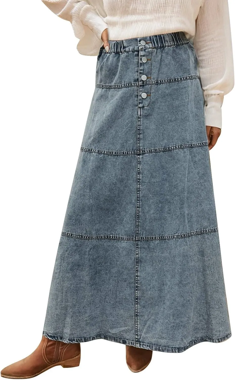 Long Jean Skirts for Women Denim Button Down High Waist Tiered Ruffle Swing A-Line Jean Maxi Skirt with Pockets
