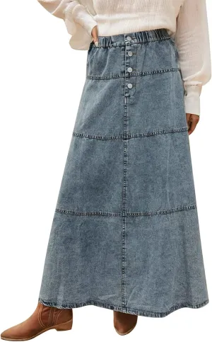 Long Jean Skirts for Women Denim Button Down High Waist Tiered Ruffle Swing A-Line Jean Maxi Skirt with Pockets