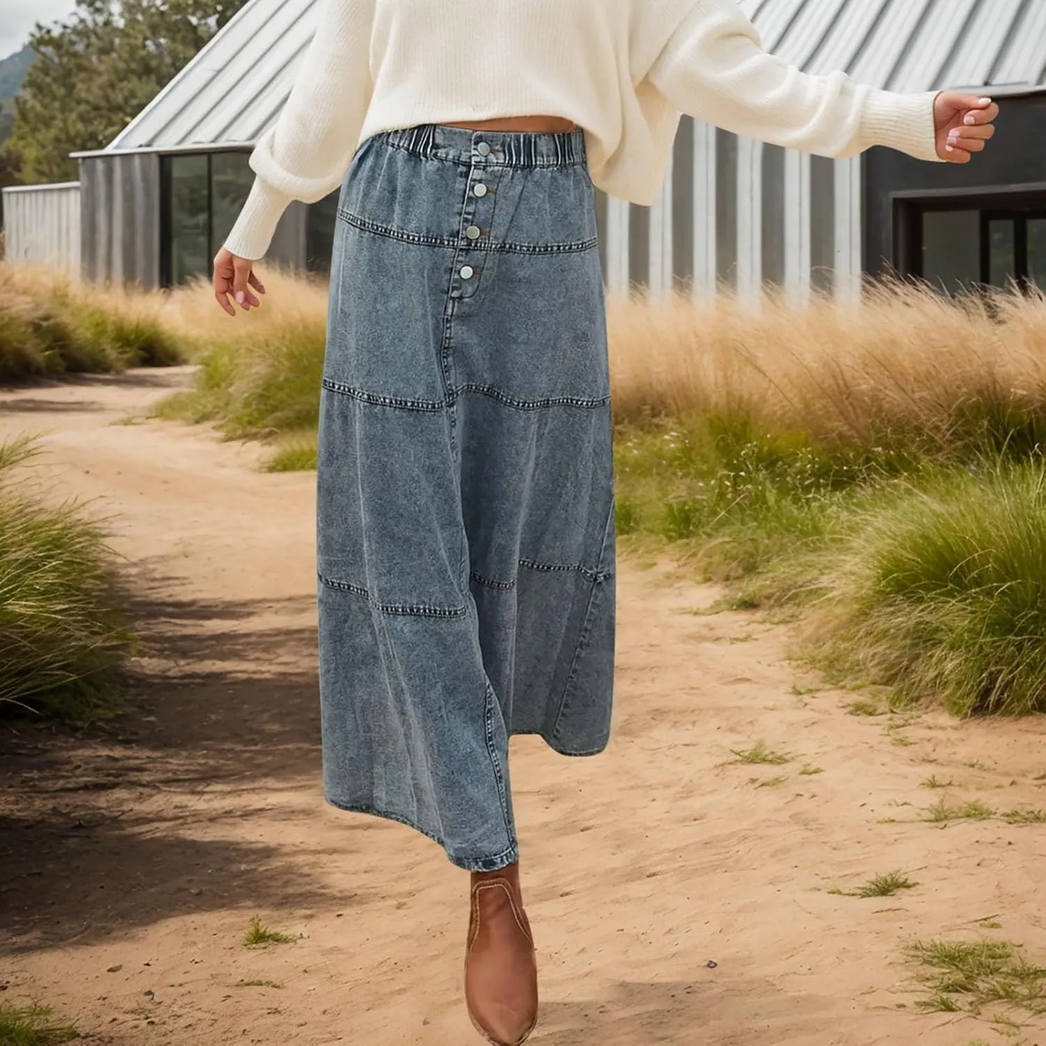 Long Jean Skirts for Women Denim Button Down High Waist Tiered Ruffle Swing A-Line Jean Maxi Skirt with Pockets