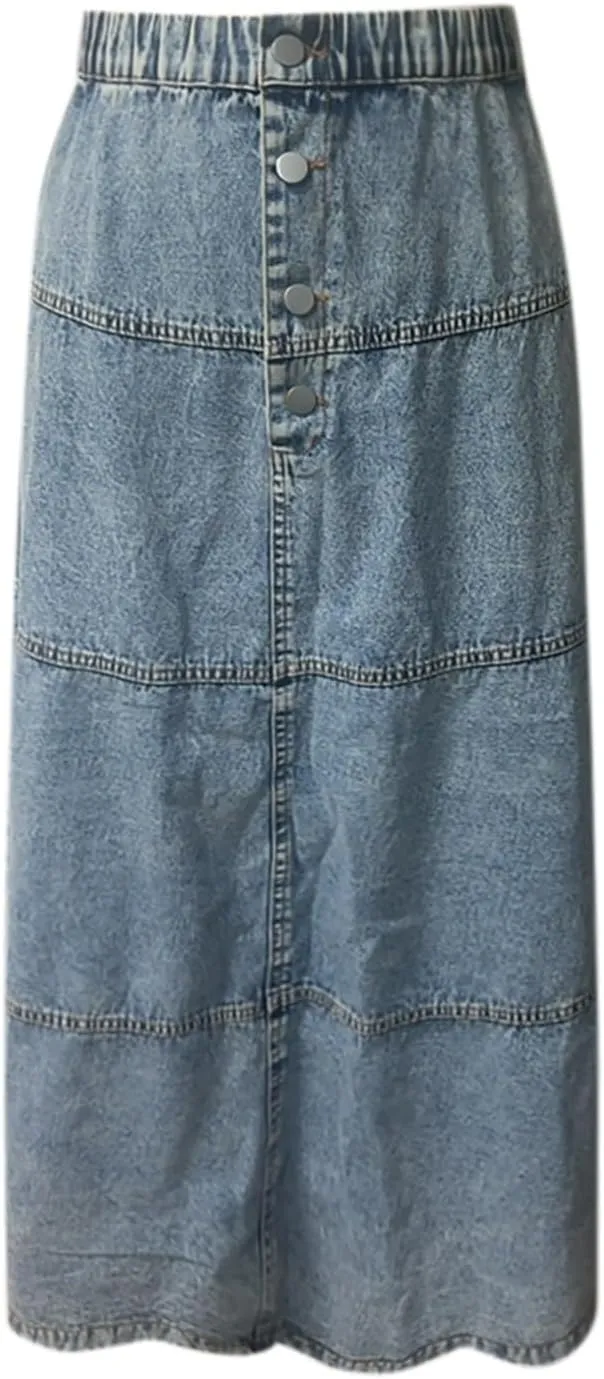 Long Jean Skirts for Women Denim Button Down High Waist Tiered Ruffle Swing A-Line Jean Maxi Skirt with Pockets