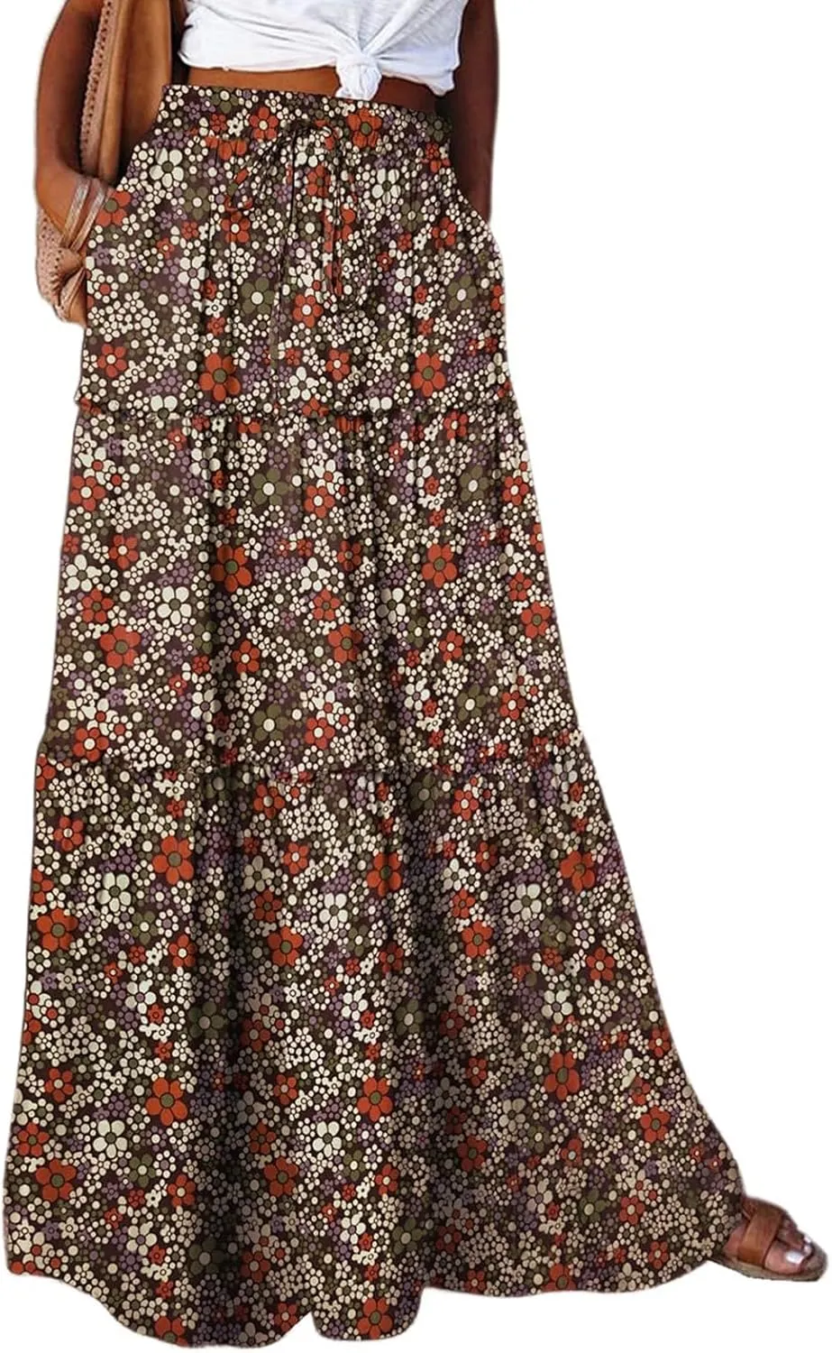 Long Skirts for Women Drawstring Elastic Waist Pleated Skirt Boho Paisley Printed Beach Party Skorts with Pockets