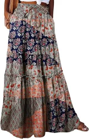 Long Skirts for Women Drawstring Elastic Waist Pleated Skirt Boho Paisley Printed Beach Party Skorts with Pockets