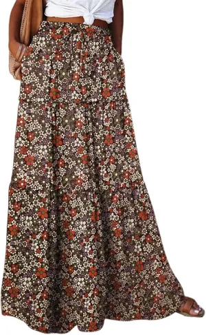 Long Skirts for Women Drawstring Elastic Waist Pleated Skirt Boho Paisley Printed Beach Party Skorts with Pockets