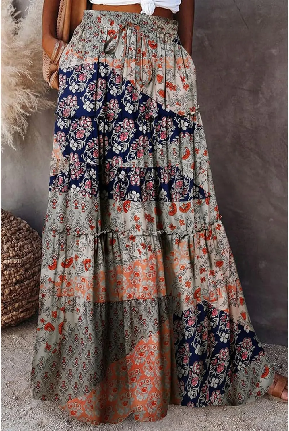 Long Skirts for Women Drawstring Elastic Waist Pleated Skirt Boho Paisley Printed Beach Party Skorts with Pockets