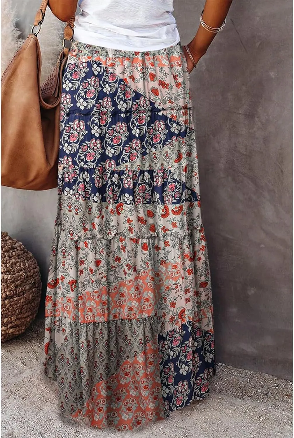 Long Skirts for Women Drawstring Elastic Waist Pleated Skirt Boho Paisley Printed Beach Party Skorts with Pockets