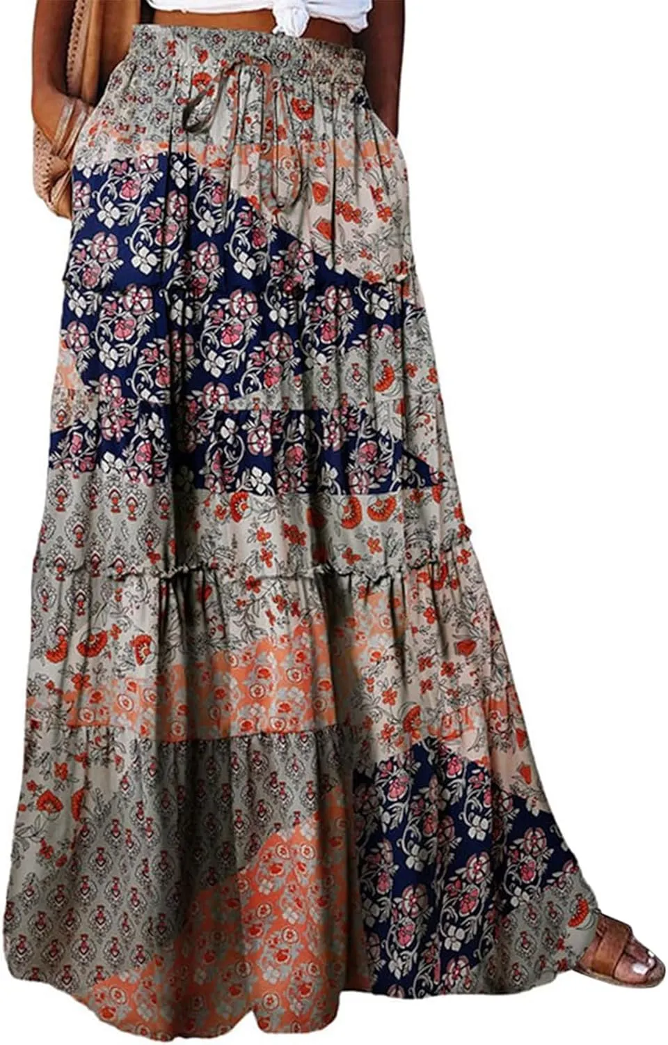 Long Skirts for Women Drawstring Elastic Waist Pleated Skirt Boho Paisley Printed Beach Party Skorts with Pockets