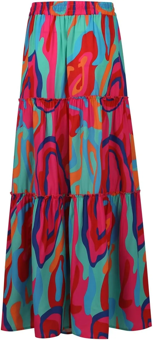 Long Skirts for Women Drawstring Elastic Waist Pleated Skirt Boho Paisley Printed Beach Party Skorts with Pockets