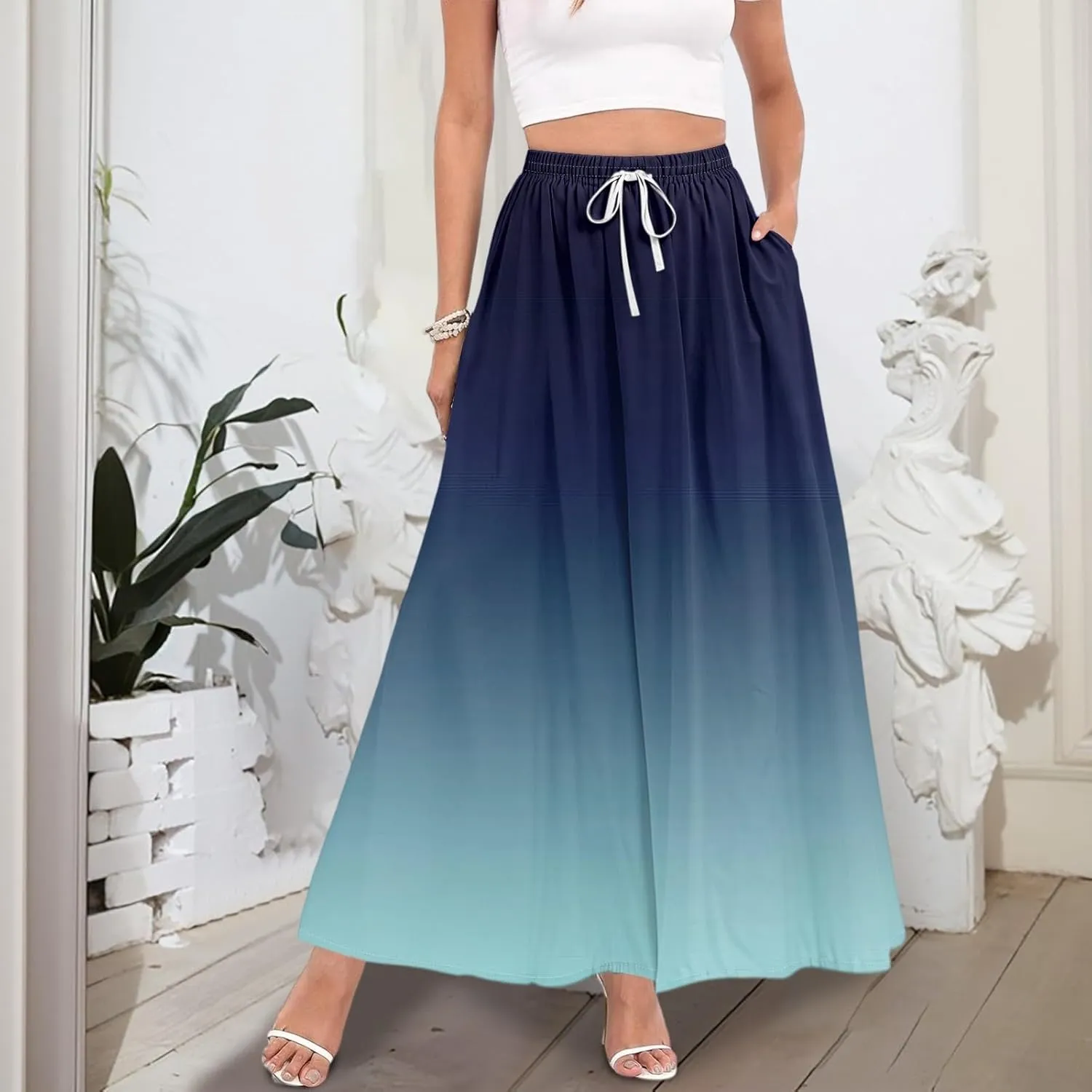 Long Skirts for Women Summer Maxi Skirt Drawstring High Waisted Ruffle A Line Skirt Flowy Beach Skirts with Pockets