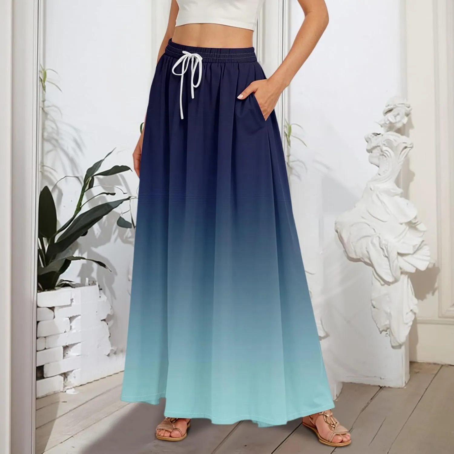 Long Skirts for Women Summer Maxi Skirt Drawstring High Waisted Ruffle A Line Skirt Flowy Beach Skirts with Pockets