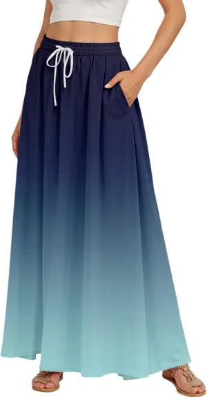 Long Skirts for Women Summer Maxi Skirt Drawstring High Waisted Ruffle A Line Skirt Flowy Beach Skirts with Pockets