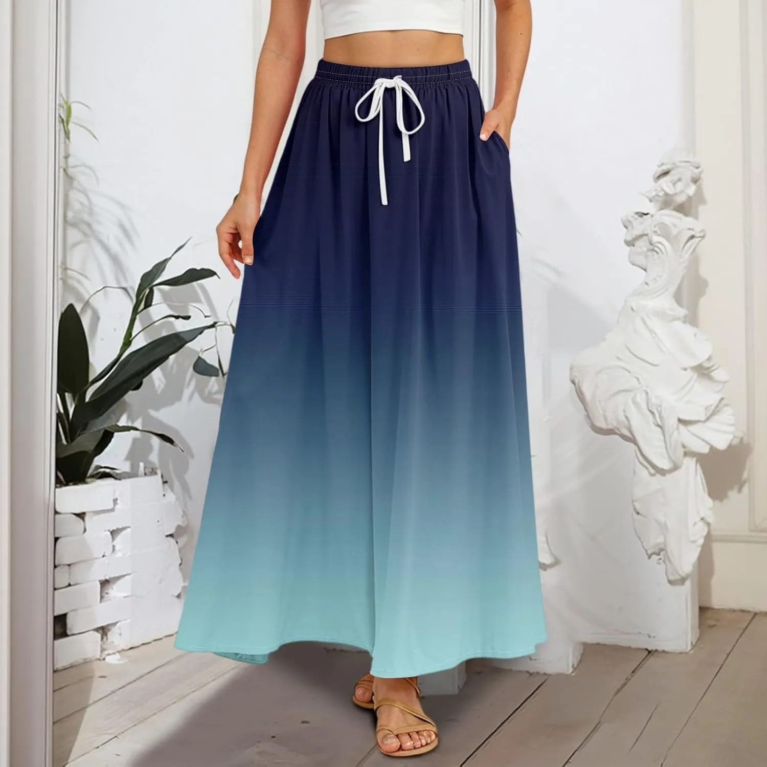 Long Skirts for Women Summer Maxi Skirt Drawstring High Waisted Ruffle A Line Skirt Flowy Beach Skirts with Pockets