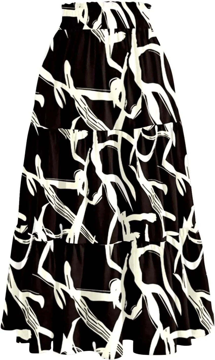 Long Skirts for Women Trendy Pleated Business Flowy Vacation Swing Going Out Flutter Travel Floral Beach Elastic Waist Skirts