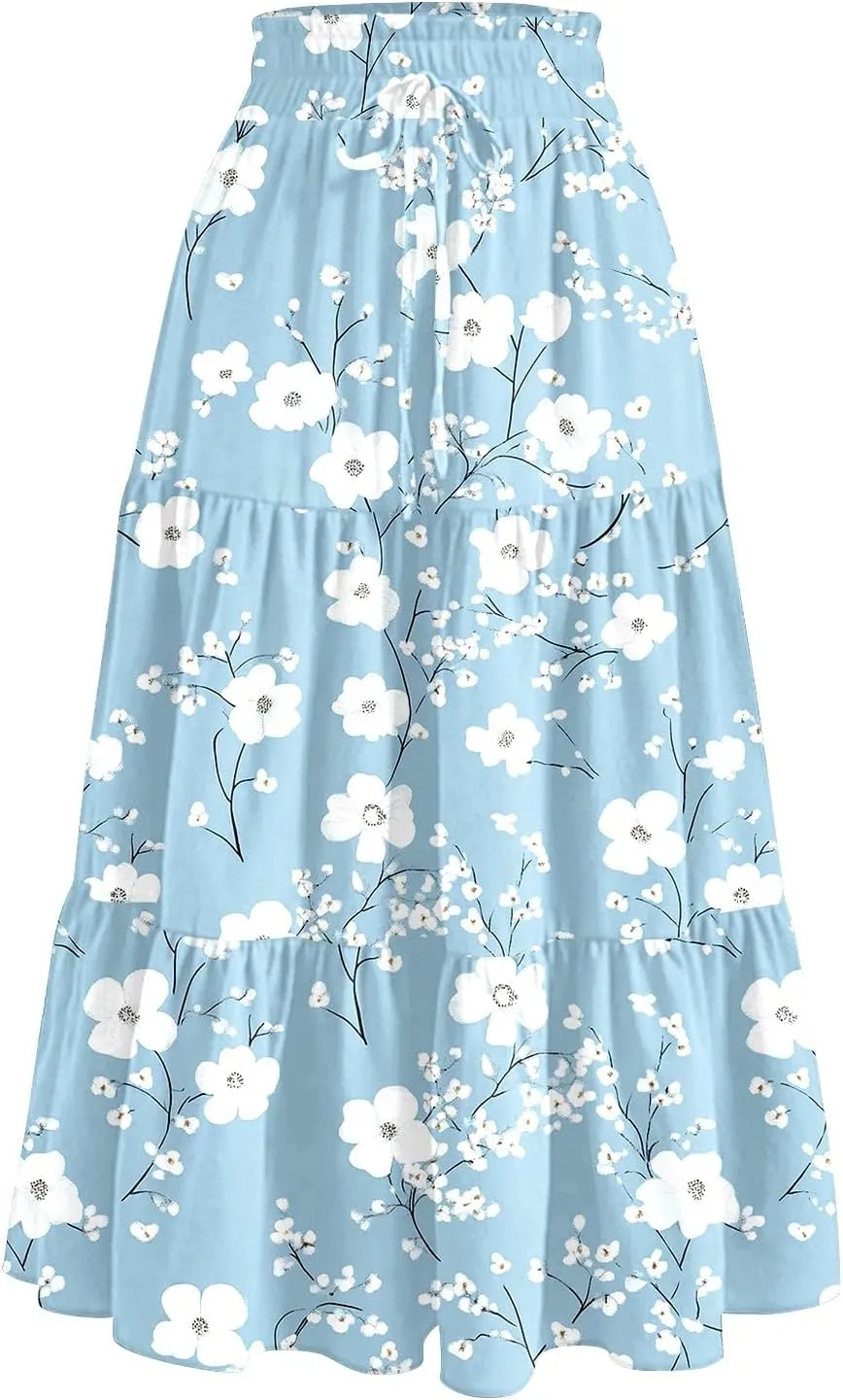 Long Skirts for Women Trendy Pleated Business Flowy Vacation Swing Going Out Flutter Travel Floral Beach Elastic Waist Skirts