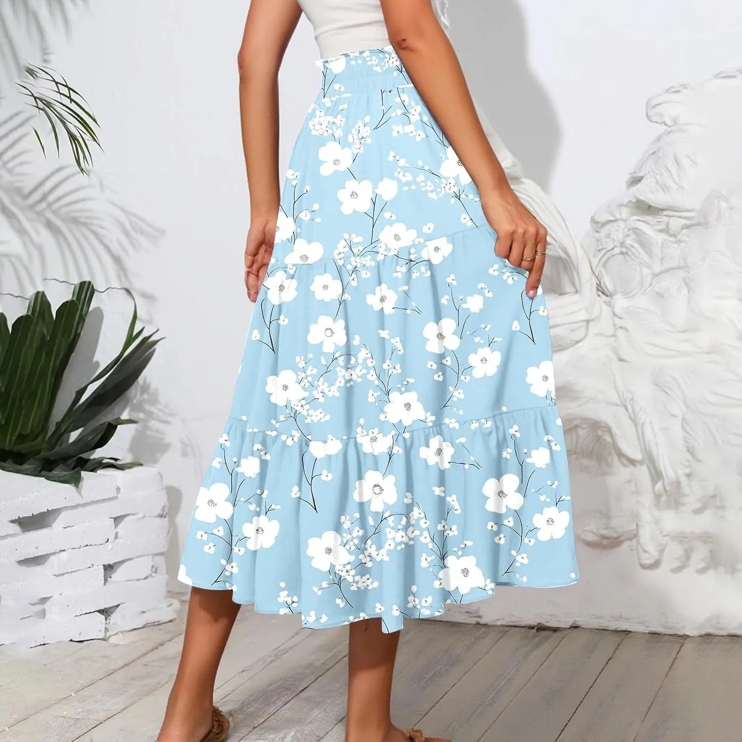 Long Skirts for Women Trendy Pleated Business Flowy Vacation Swing Going Out Flutter Travel Floral Beach Elastic Waist Skirts