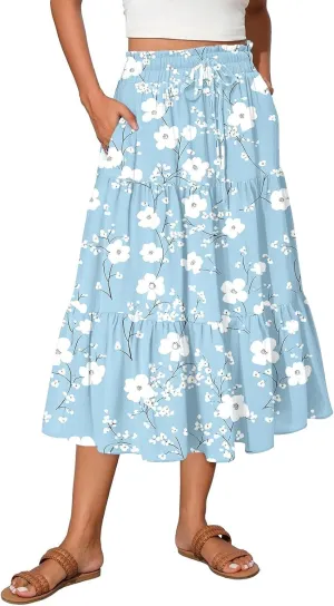 Long Skirts for Women Trendy Pleated Business Flowy Vacation Swing Going Out Flutter Travel Floral Beach Elastic Waist Skirts
