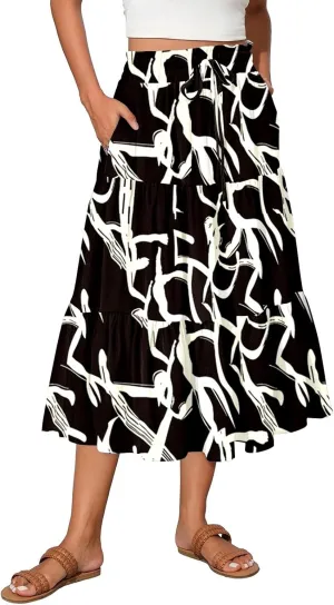Long Skirts for Women Trendy Pleated Business Flowy Vacation Swing Going Out Flutter Travel Floral Beach Elastic Waist Skirts