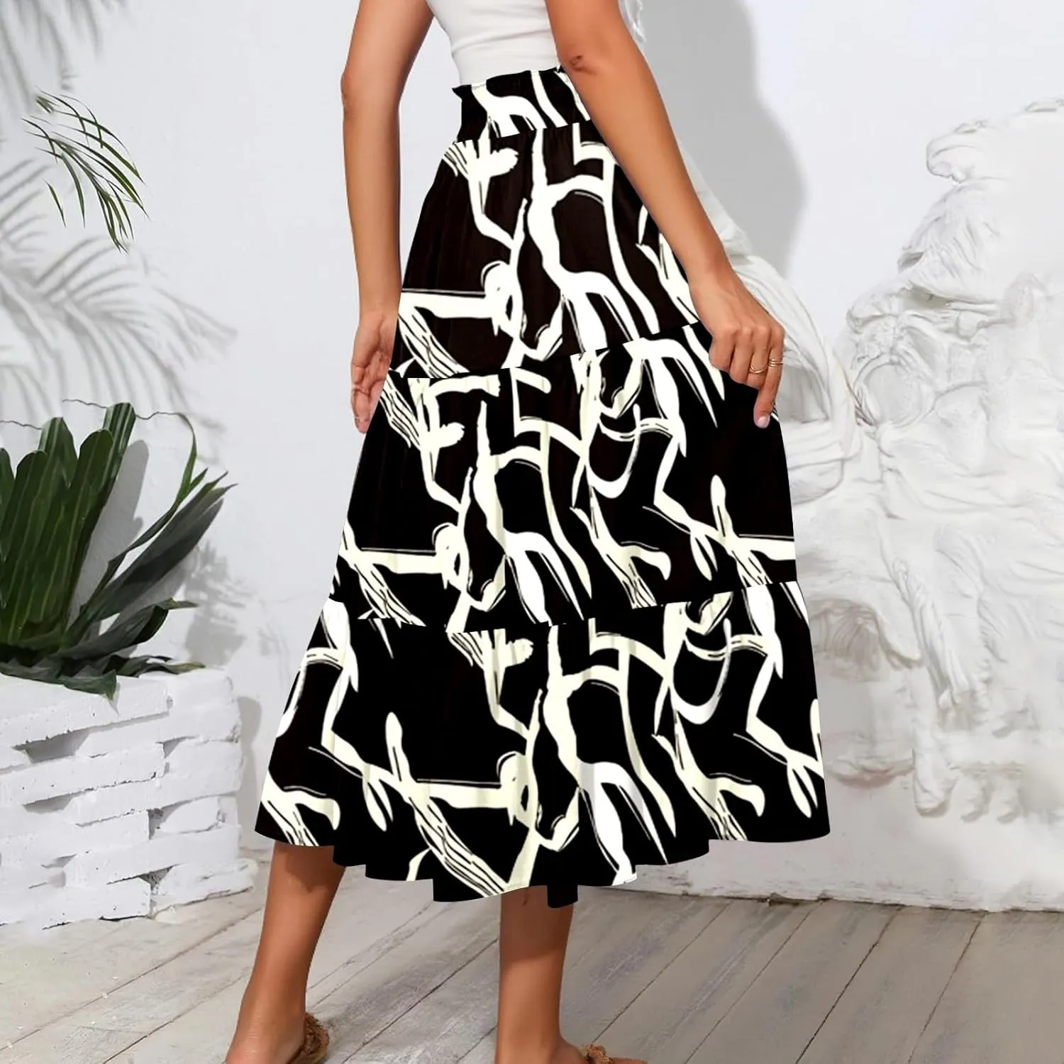 Long Skirts for Women Trendy Pleated Business Flowy Vacation Swing Going Out Flutter Travel Floral Beach Elastic Waist Skirts