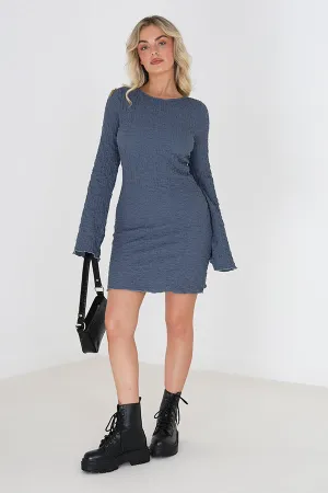 LONG SLEEVE BLUE TEXTURED JERSEY MINI DRESS WITH SCOOP BACK
