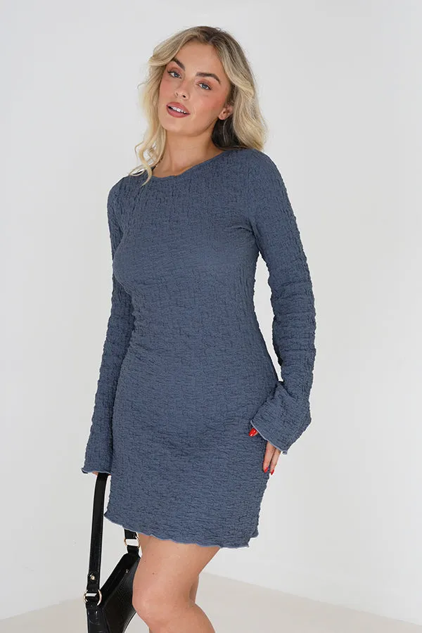 LONG SLEEVE BLUE TEXTURED JERSEY MINI DRESS WITH SCOOP BACK