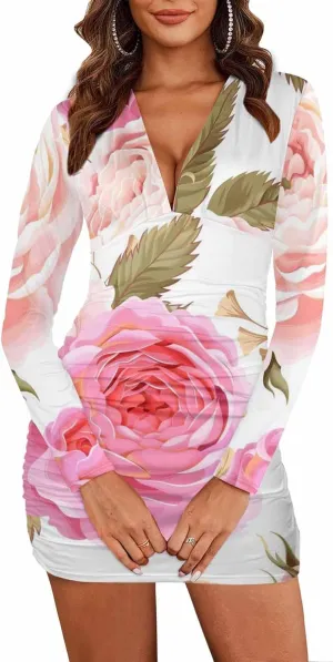 Long Sleeve Dress Native Pattern Women's Sexy Ruched Bodycon Mini Dress Long Sleeve Club Party Short Dresses