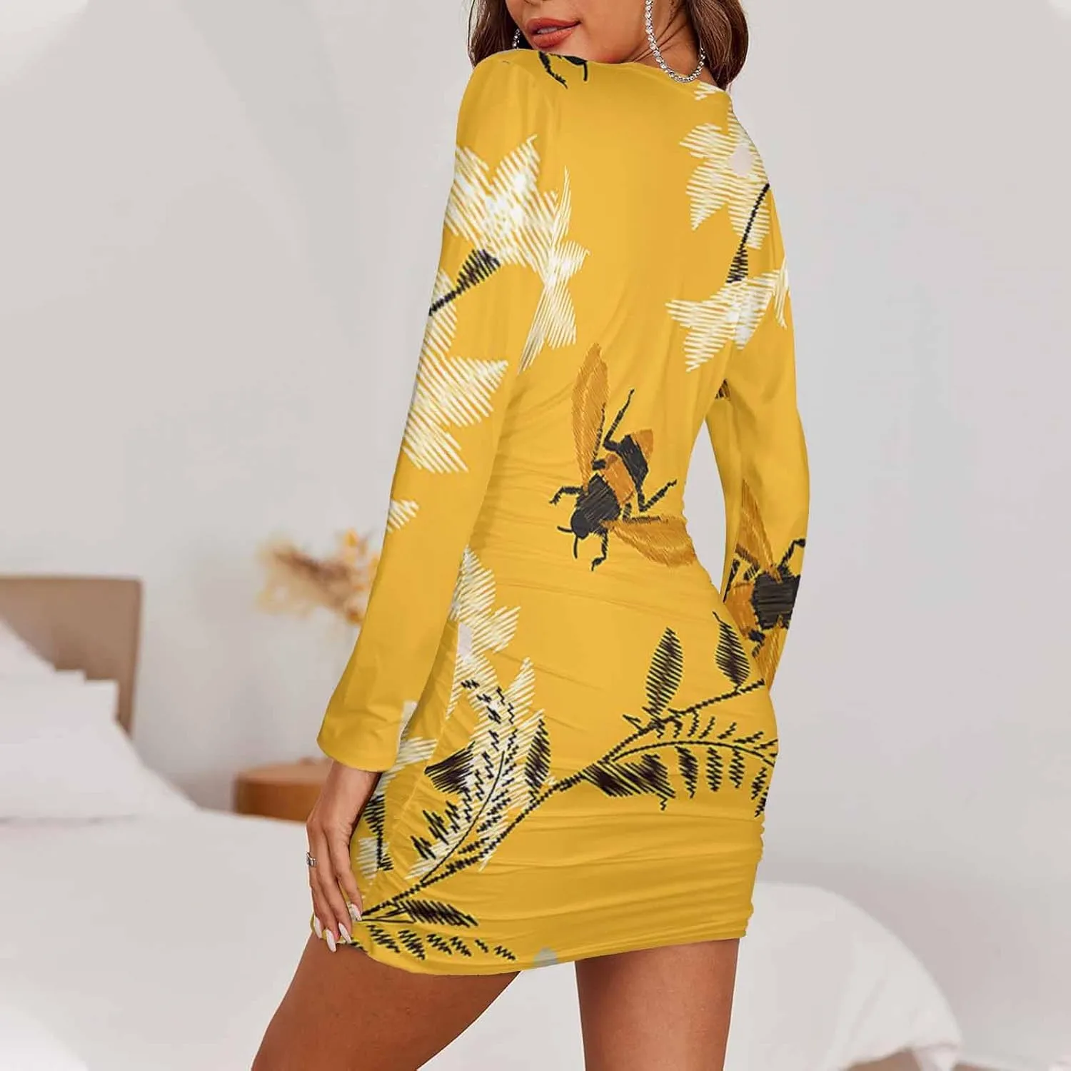 Long Sleeve Dress Native Pattern Women's Sexy Ruched Bodycon Mini Dress Long Sleeve Club Party Short Dresses