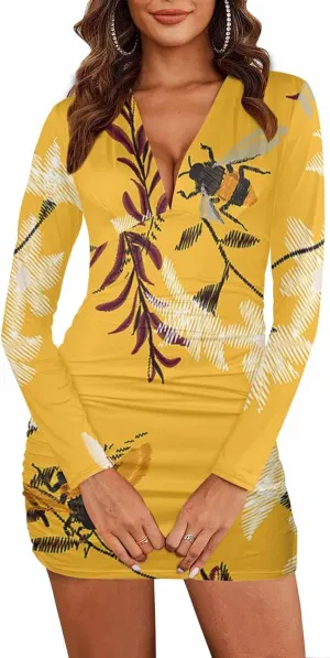 Long Sleeve Dress Native Pattern Women's Sexy Ruched Bodycon Mini Dress Long Sleeve Club Party Short Dresses