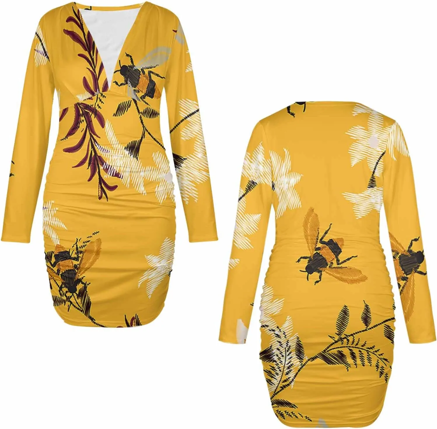 Long Sleeve Dress Native Pattern Women's Sexy Ruched Bodycon Mini Dress Long Sleeve Club Party Short Dresses