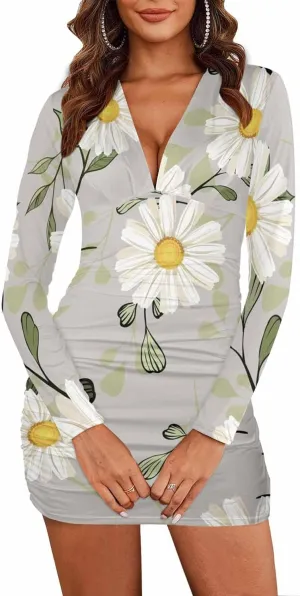 Long Sleeve Dress Native Pattern Women's Sexy Ruched Bodycon Mini Dress Long Sleeve Club Party Short Dresses