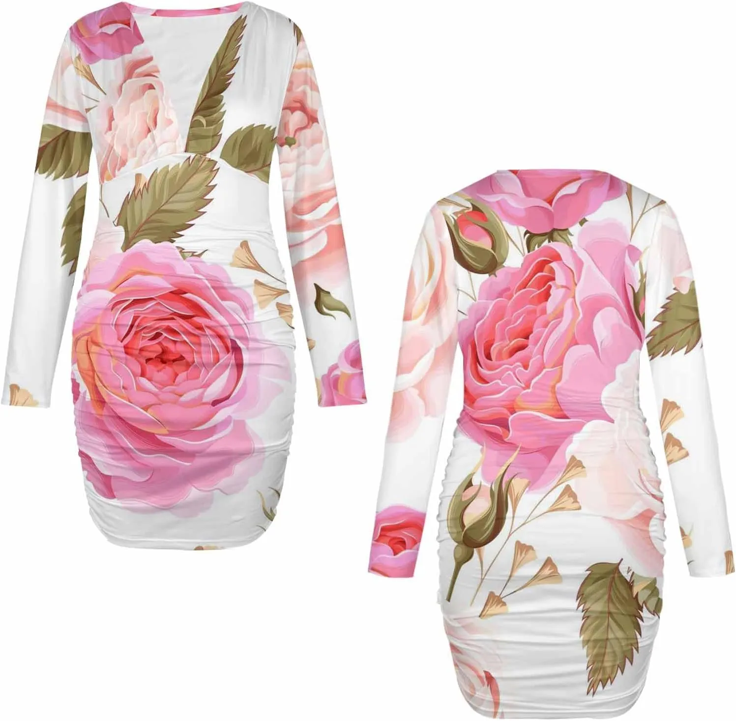 Long Sleeve Dress Native Pattern Women's Sexy Ruched Bodycon Mini Dress Long Sleeve Club Party Short Dresses