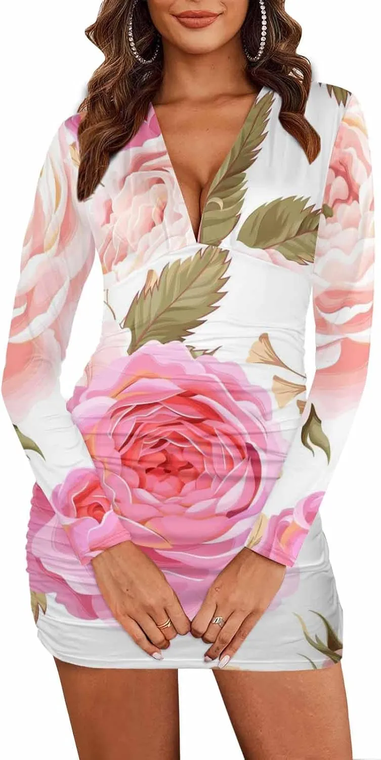 Long Sleeve Dress Native Pattern Women's Sexy Ruched Bodycon Mini Dress Long Sleeve Club Party Short Dresses