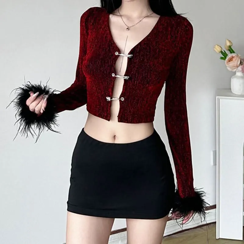 Long sleeve fluffy button zip-up crop mini skirt set