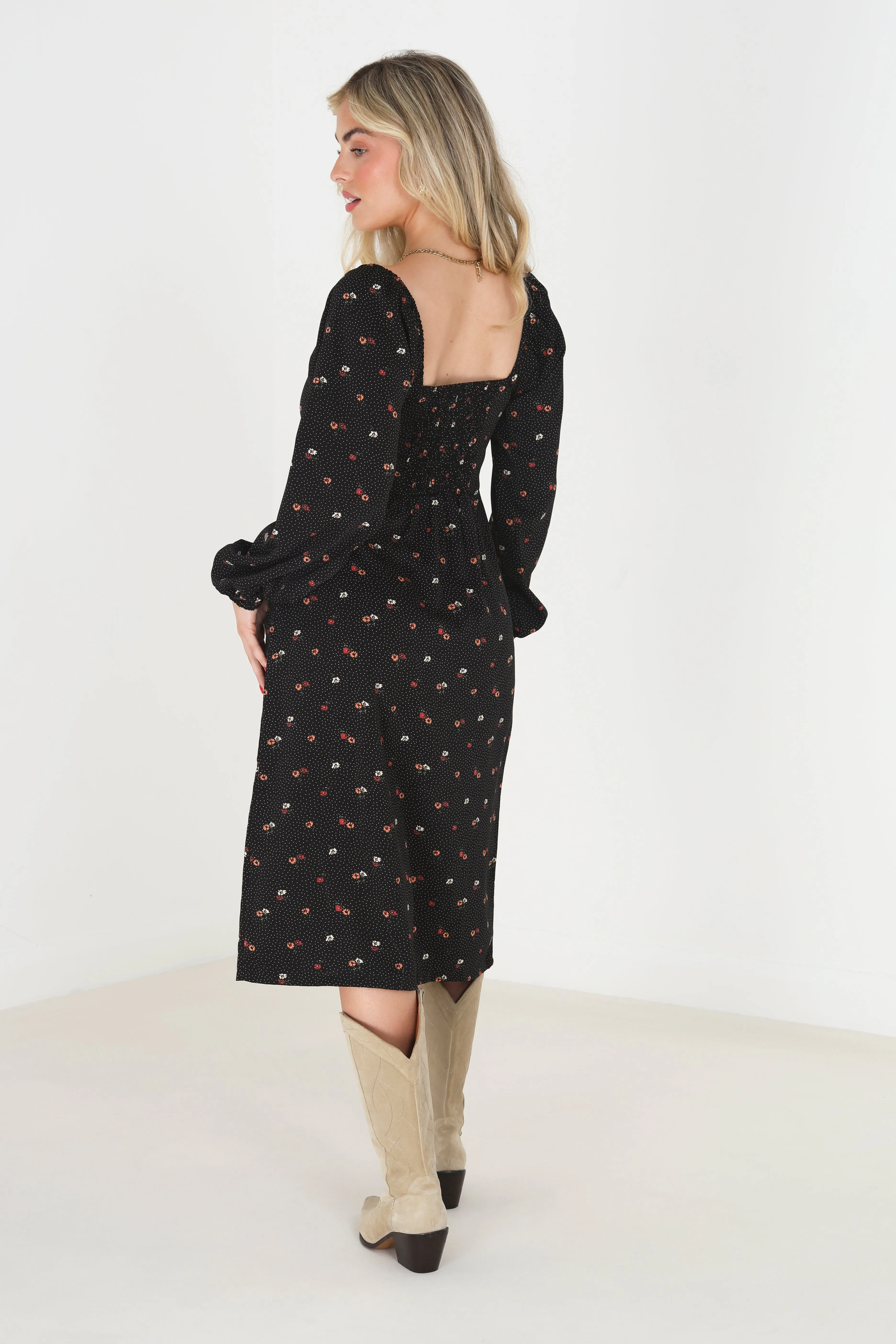 LONG SLEEVE GATHERED BUST FLORAL MIDI DRESS
