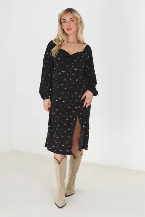 LONG SLEEVE GATHERED BUST FLORAL MIDI DRESS
