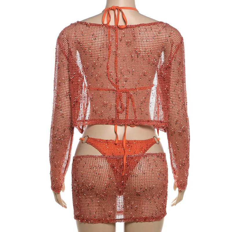 Long sleeve hollow out o ring halter 4 piece mini skirt set