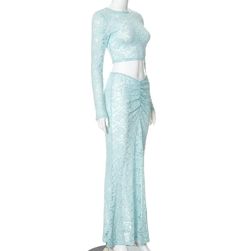 Long sleeve lace see through crop maxi skirt set
