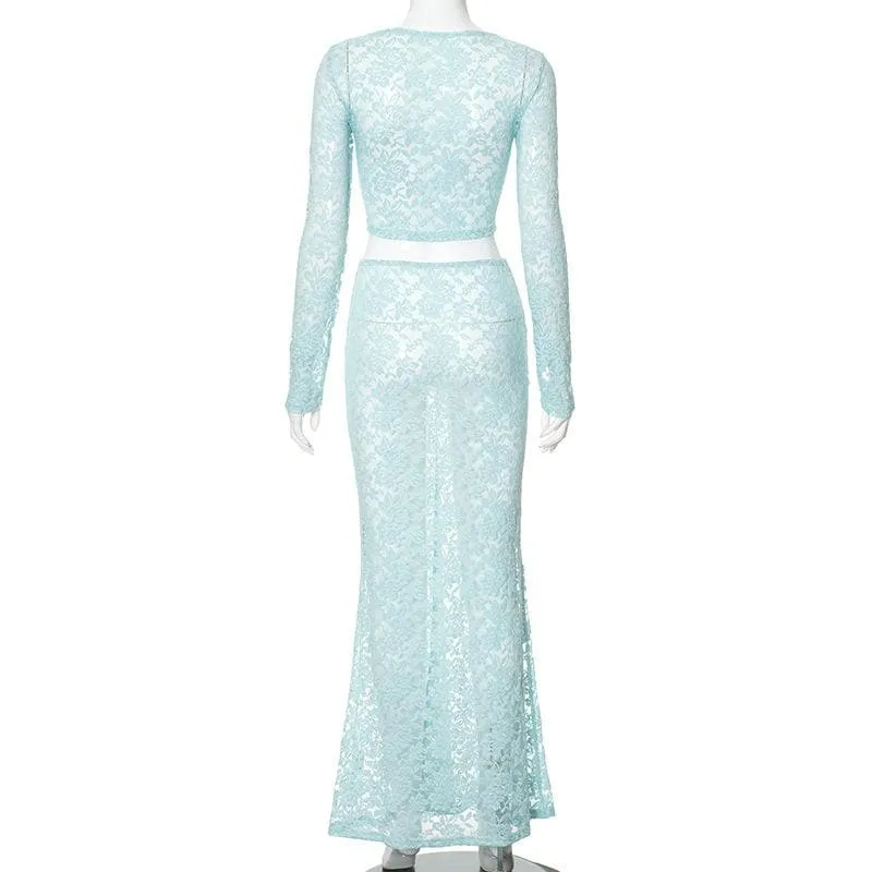 Long sleeve lace see through crop maxi skirt set