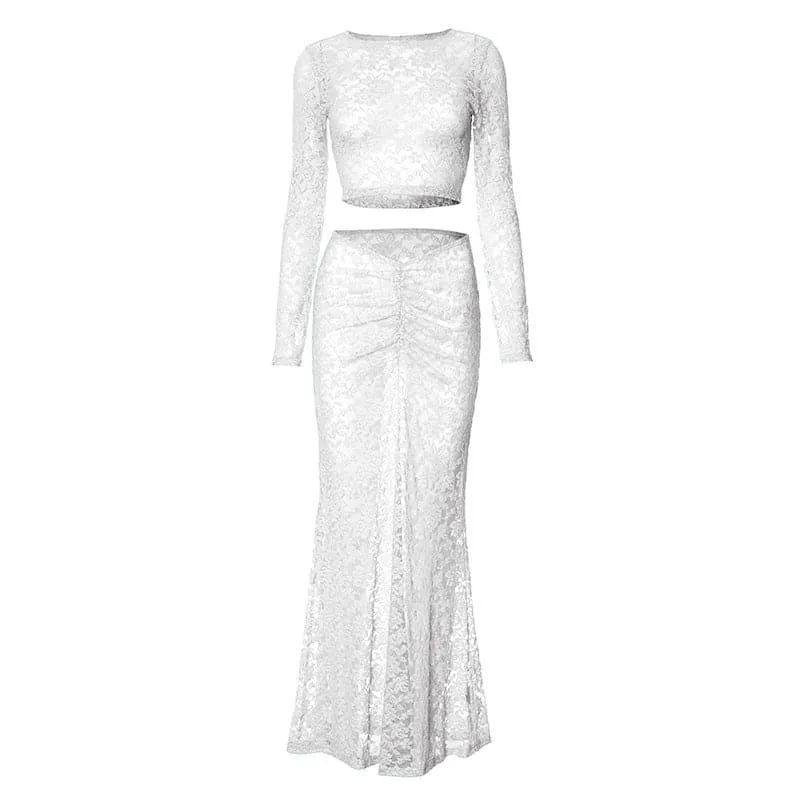 Long sleeve lace see through crop maxi skirt set