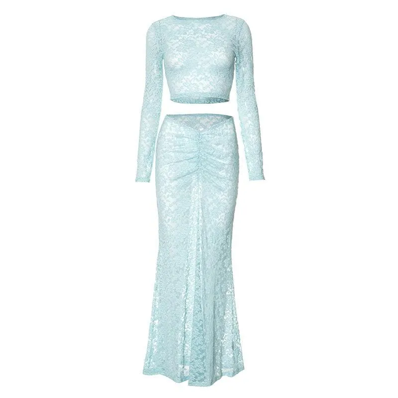 Long sleeve lace see through crop maxi skirt set