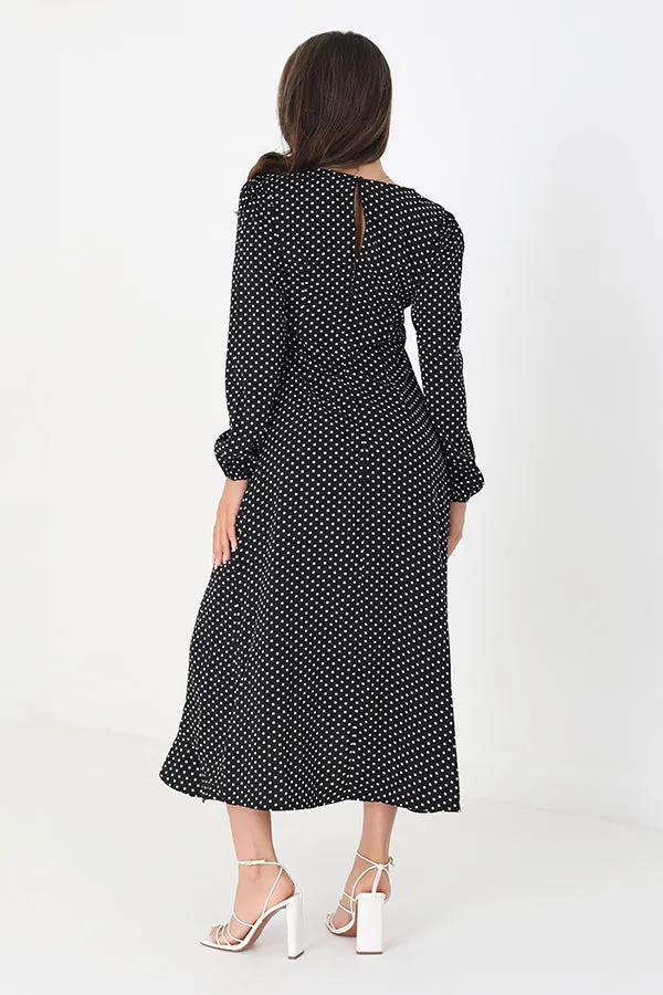 LONG SLEEVE MIDI DRESS WITH WRAP FRILL DETAIL