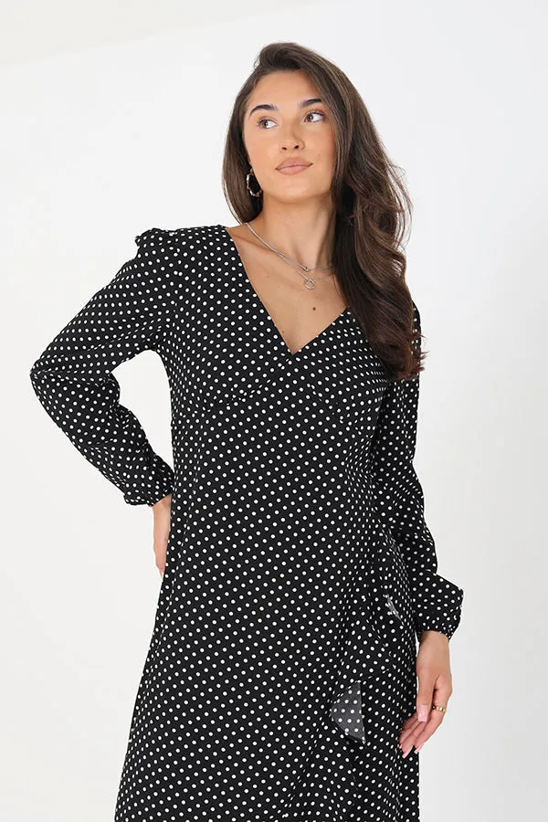 LONG SLEEVE MIDI DRESS WITH WRAP FRILL DETAIL