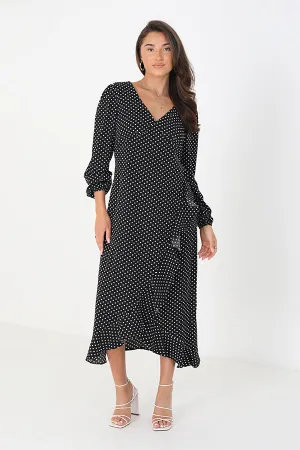 LONG SLEEVE MIDI DRESS WITH WRAP FRILL DETAIL