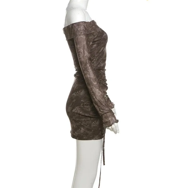 Long sleeve off shoulder ruffle ruched drawstring mini skirt set