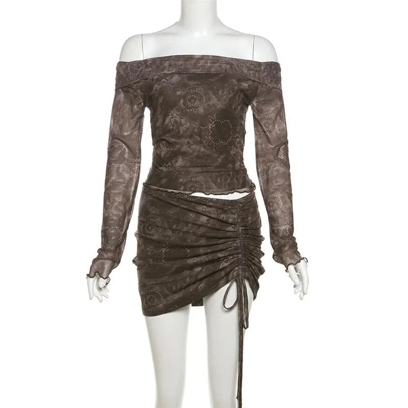 Long sleeve off shoulder ruffle ruched drawstring mini skirt set