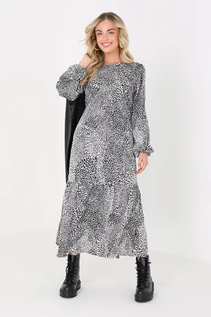 LONG SLEEVE SATIN ABSTRACT ANIMAL PRINT MIDI DRESS