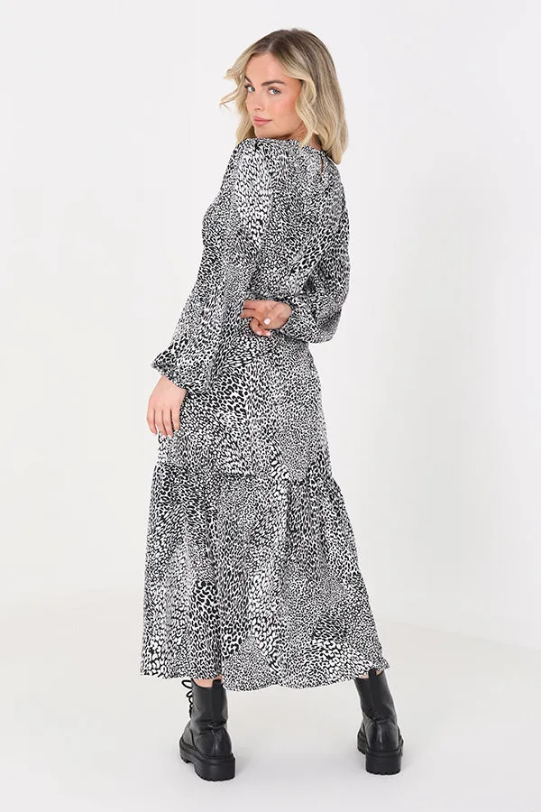 LONG SLEEVE SATIN ABSTRACT ANIMAL PRINT MIDI DRESS