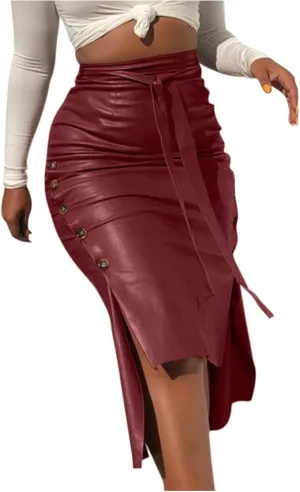 Long Slit Midi Pencil Skirts Women's Knee Length Faux Leather Skirts Belted High Waisted Split Slim Fit Pencil Skirt Wine